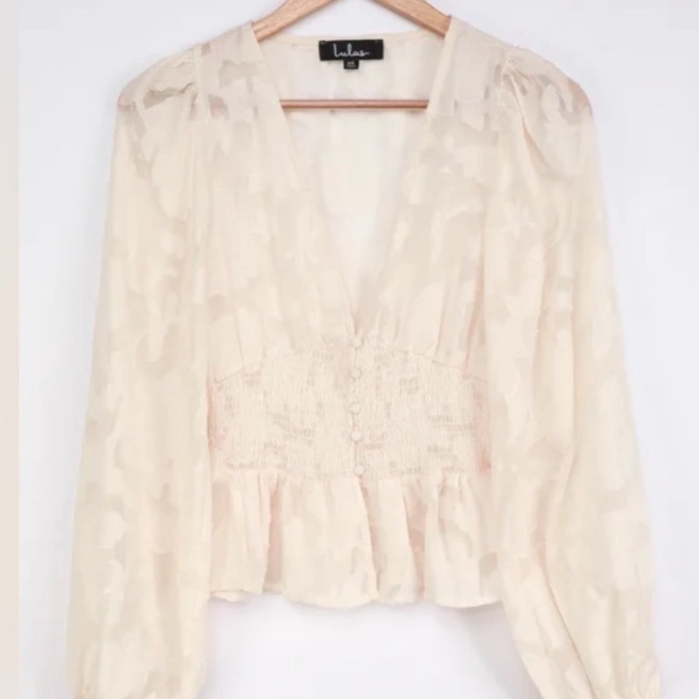 Lulus Patio Date Ivory Floral Jacquard Button-Up Long Sleeve Top - Picture 7 of 8